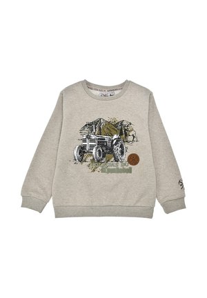 Gray sweatshirt featuring a tractor graphic, green text, and earthy accents. Ribbed cuffs and hem add texture to the cotton fabric.
