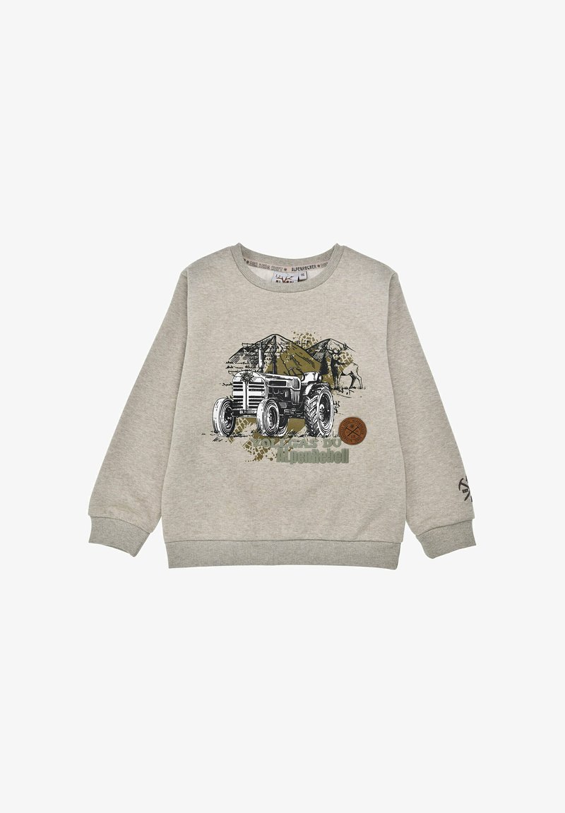 Grauer Sweatshirt mit einem Traktor-Design, grüner Schrift und erdigen Akzenten. Rippbündchen und Saum sorgen für Textur im Baumwollstoff.