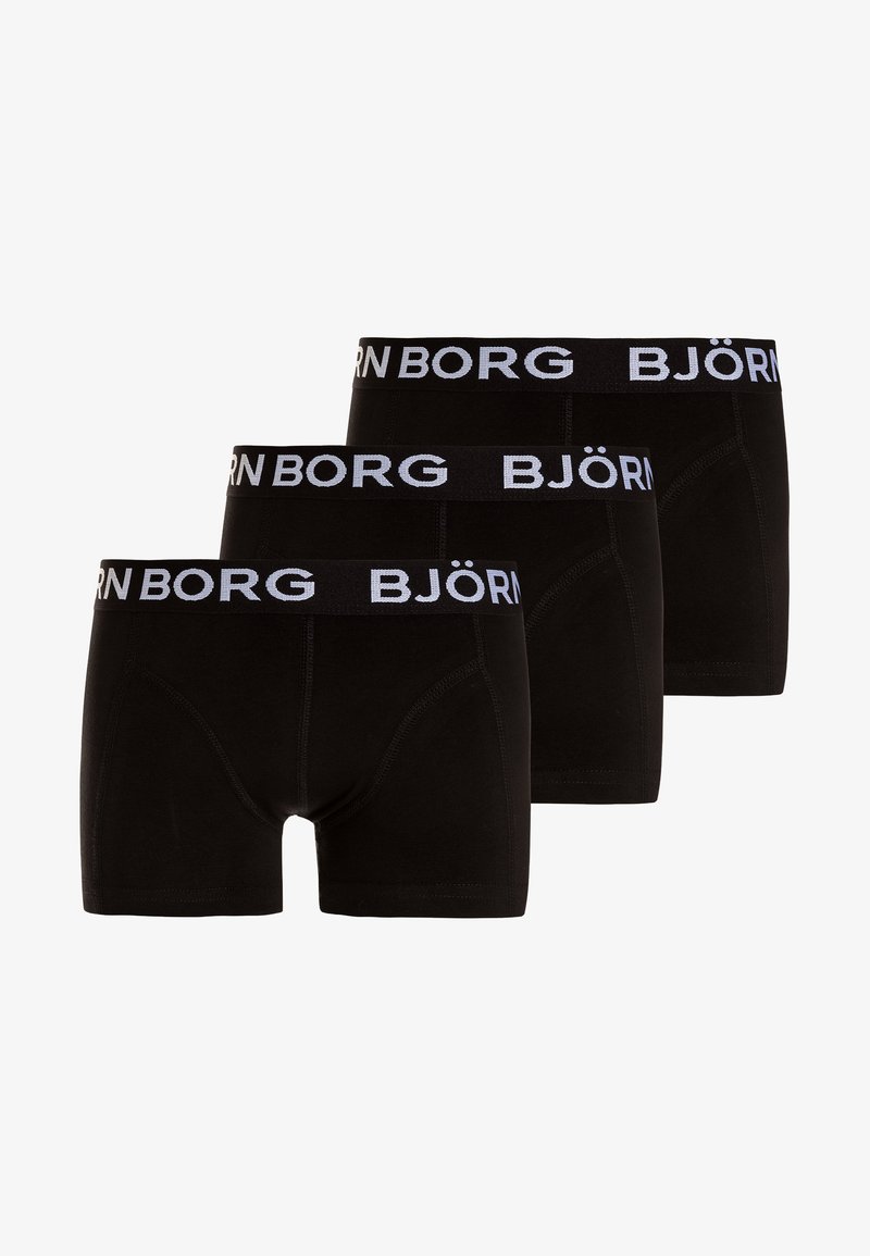 Sorte bomull boxershorts i en pakke med tre, med en hvit elastisk linning som har "BJÖRN BORG" logo. Glatt tekstur og tilpasset design.