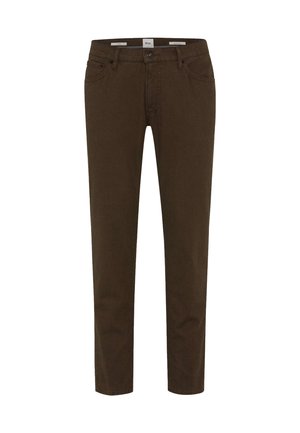 Braune Baumwollhose mit schmaler Passform, Fünf-Taschen-Design, Knopfverschluss und Standard Saum. Verfügt über eine subtile Textur.