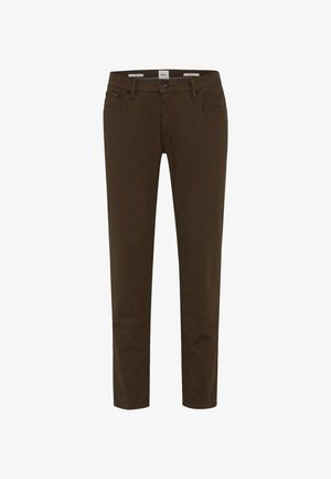Bruine katoenen broek met een slim fit, vijf zakken, knoopsluiting en een standaard zoom. Heeft een subtiele textuur.