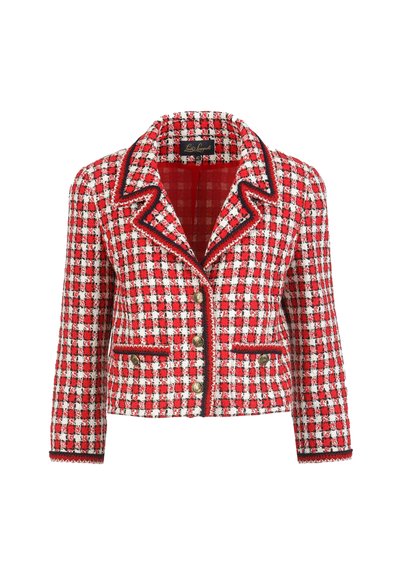 Rote und weiß karierte Tweedjacke mit tailliertem Schnitt, Revers mit Kerb, schwarzen Paspeln und goldfarbenen Knopfdetails. Kurz geschnitten mit zwei Taschen.