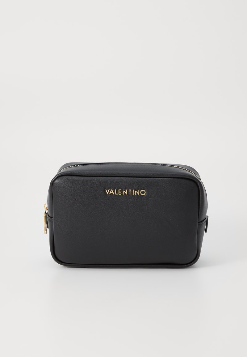 Black leather cosmetic bag with a rectangular shape, gold hardware, and embossed "VALENTINO" logo on the front. Zipper closure along the top.