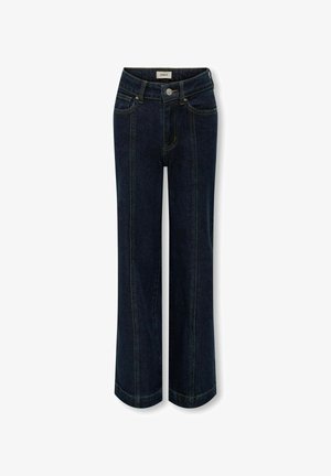 Vidde ben denim jeans i mørkeblå med kontrasterende gule syninger, med fem-lommer design og frontknaplukning.
