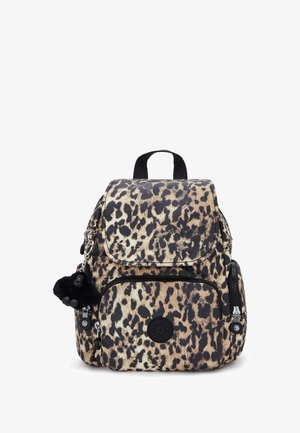 Leopard-print backpack with a flap closure, fabric material, two zippered front pockets, and a black fur pom-pom accessory.