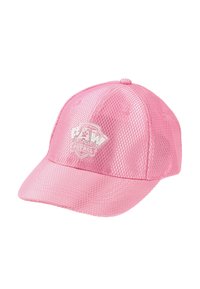Pink mesh baseball cap featuring a white "PAW Patrol" logo. The design includes a curved visor and a textured surface.