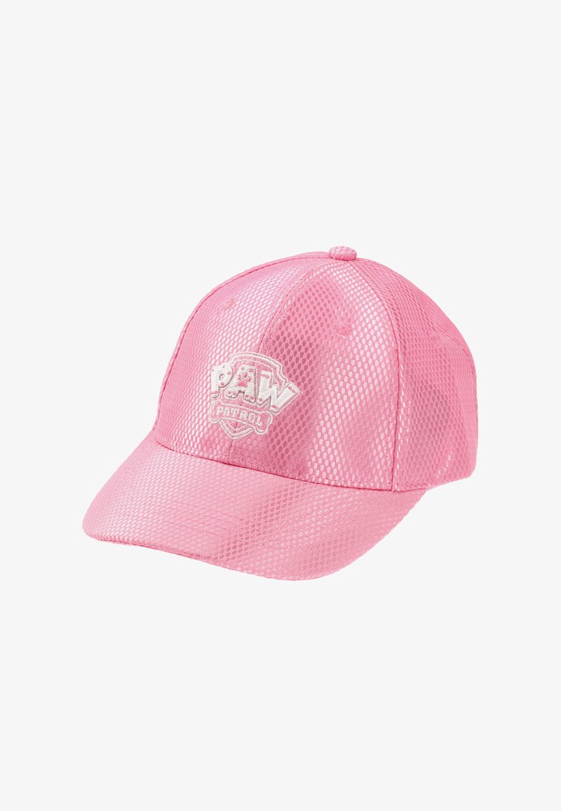Pink mesh baseball cap featuring a white "PAW Patrol" logo. The design includes a curved visor and a textured surface.