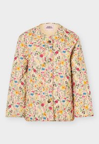 Κρεμ καπιτονέ μπουφάν με πολύχρωμο floral print, στρογγυλή λαιμόκοψη και τέσσερα μπροστινά κουμπιά.
