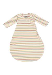 Striped baby sleep sack in soft cotton, featuring long sleeves, rounded bottom, and a zip closure, with colors including yellow, red, and green.