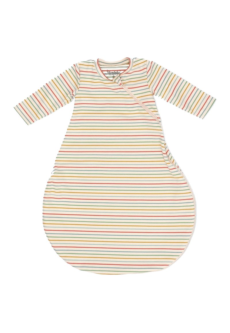 Striped baby sleep sack in soft cotton, featuring long sleeves, rounded bottom, and a zip closure, with colors including yellow, red, and green.