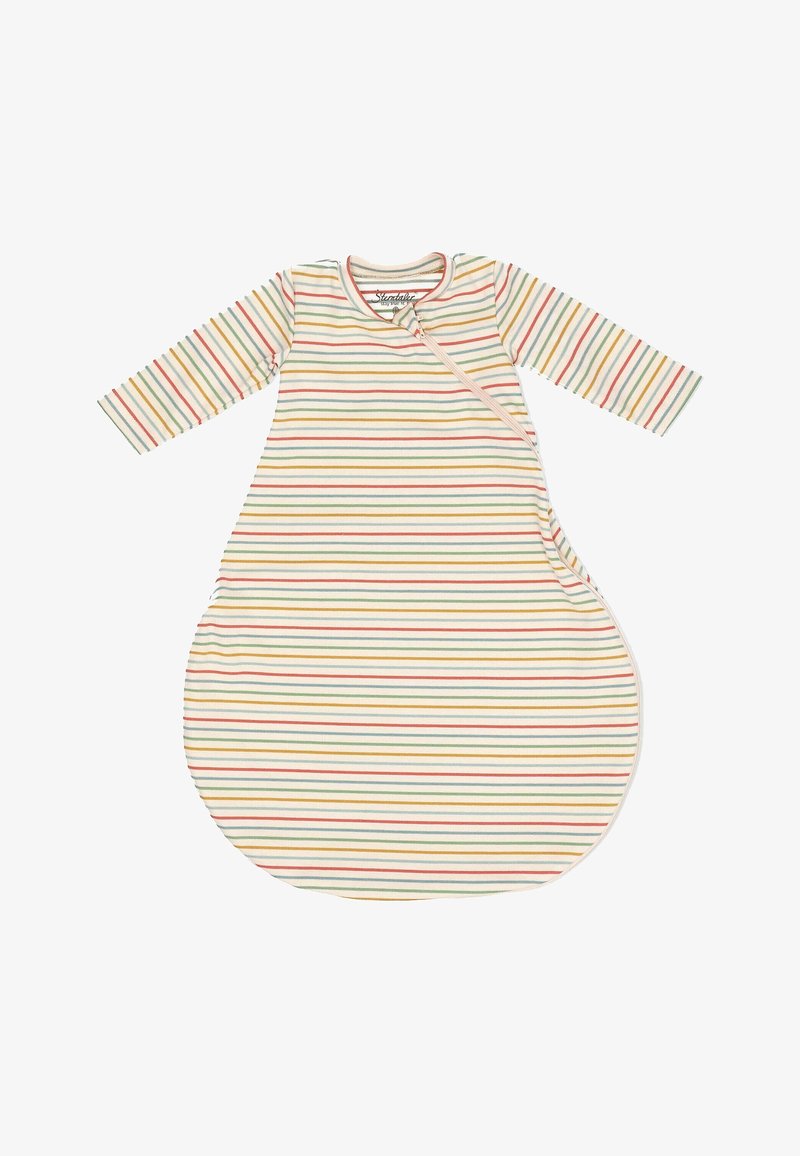 Striped baby sleep sack in soft cotton, featuring long sleeves, rounded bottom, and a zip closure, with colors including yellow, red, and green.