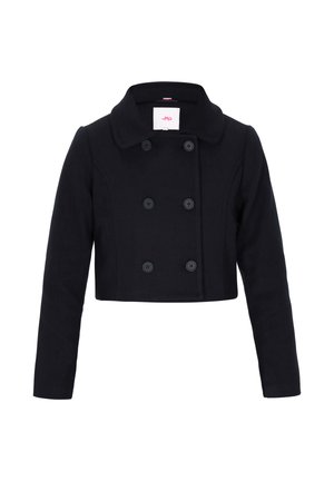 Mustapohja, lyhyet kaksinkertaiset takki pitkillä hihoilla ja leveällä kauluksella, jossa on kuusi etupainiketta järjestettynä kahteen pystysuoraan riviin.