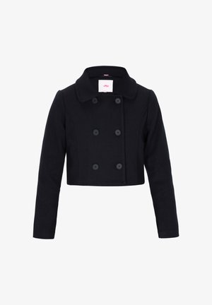 Palton scurt, negru, cu două rânduri de butoane, mâneci lungi și guler lat, având șase butoane în față, aranjate în două rânduri verticale.