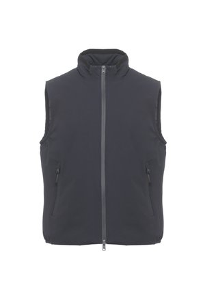 Gilet imbottito nero senza maniche con collo alto, zip frontale e due tasche laterali con zip, mostrato su sfondo bianco.