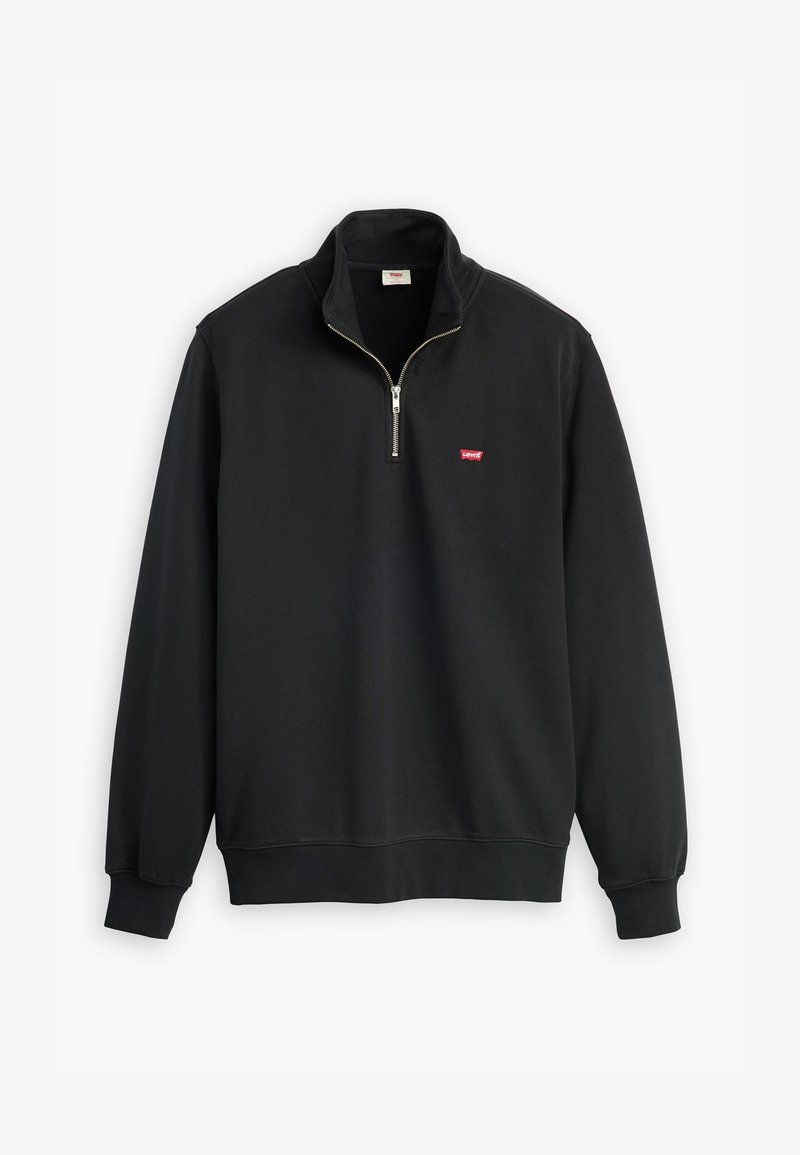 Zwarte sweatshirt met een kwart-rits kraag, ribgebreide manchetten en hem, met een klein rood logo op de borst. Gemaakt van zacht, duurzaam materiaal.