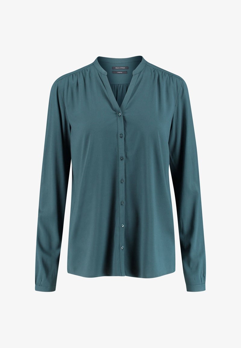 Blouse à manches longues boutonnée bleu sarcelle avec épaules froncées et col officier, confectionnée dans un tissu léger.