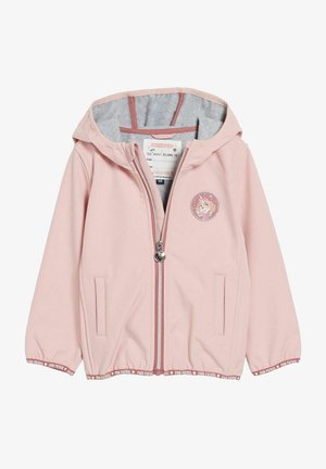 Jasnoróżowa kurtka na zamek z kapturem, z szarym podszyciem, dwoma przednimi kieszeniami i naszywką z postacią z Psiego Patrolu na piersi.
