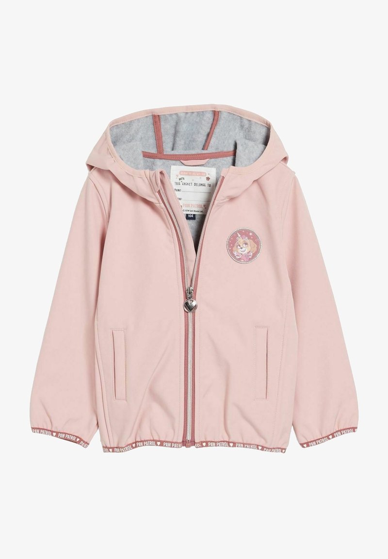 Lyserød lynlåstrøje med hætte, der har en grå foring, to forlommer og et Paw Patrol-karaktermærke på brystet.