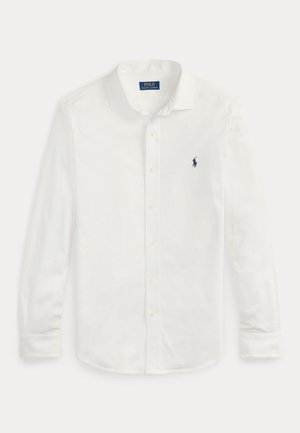 Camicia da uomo bianca a maniche lunghe con bottoni e logo ricamato Polo Ralph Lauren blu navy sul lato sinistro del petto.