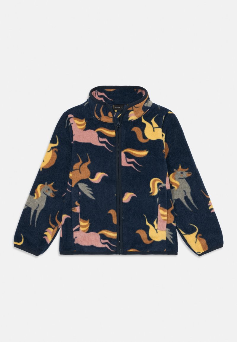 Fleecepaita, jossa on tummansininen tausta ja yksisarvinen kuvio pinkillä, harmaalla ja keltaisella. Mukana vetoketju ja korkea kaulus.