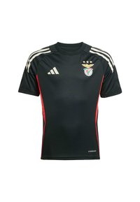 Zwarte voetbalshirt met korte mouwen, voorzien van witte strepenaccenten, rode zijpanelen en een clublogo met drie sterren op de borst.