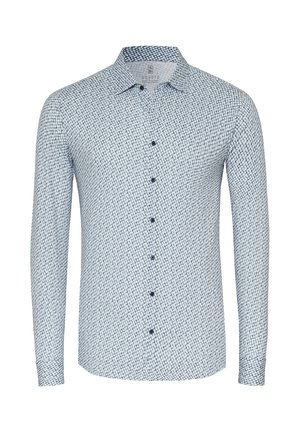 Long-sleeved shirt in white and navy with a geometric print, button-up front, and a structured collar. Soft fabric texture.