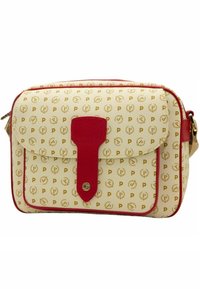 Borsa in tessuto beige con stampa di lettere dorate, dettagli in pelle rossa e chiusura a pattina. Forma quadrata con bordi arrotondati e tracolla.