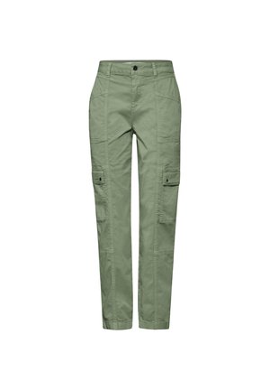 Pantalons cargo verts clairs avec de multiples poches, comportant une fermeture à bouton et à zip à l'avant, fabriqués en tissu durable avec une texture lisse.