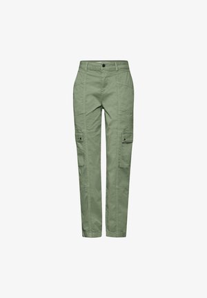 Light green cargo pants with multiple pockets, featuring a front button and zip closure, made of durable fabric with a smooth texture.