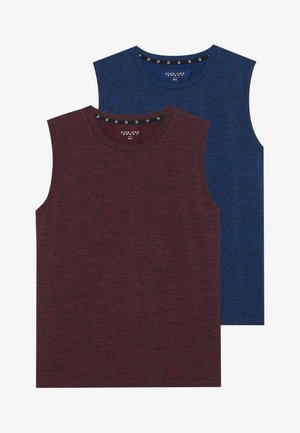 Pair of sleeveless shirts in a maroon and blue heathered fabric. Crew neck and soft texture with minimal stitching details at necklines.