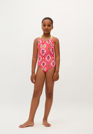 Costume intero rosa con motivo a diamante. Presenta spalline verdi e accenti multicolori. Realizzato in tessuto elasticizzato e liscio.