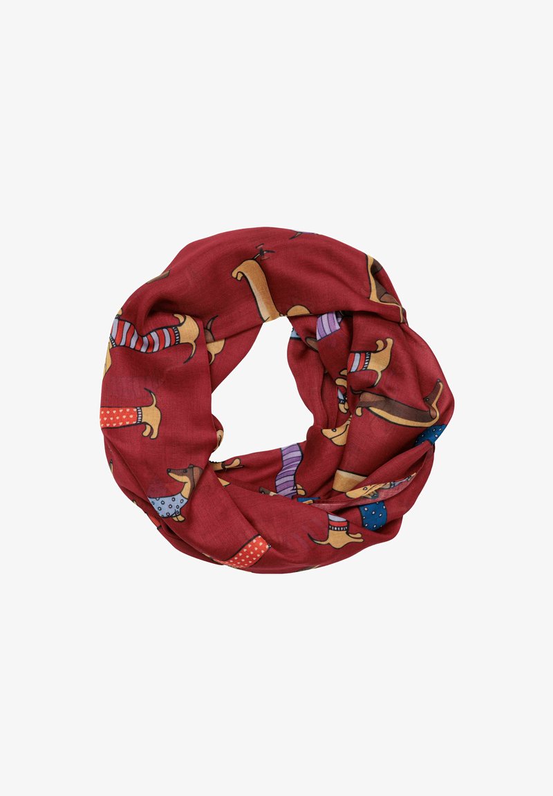 Roter Schal mit einem wiederholten Muster von Dackeln, die bunte Pullover tragen. Leichtes Material mit einer weichen, glatten Textur.