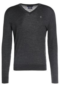 Grauer langärmeliger V-Ausschnitt-Pullover aus weichem Material, mit einem dezenten Logo auf der linken Brust sowie gerippten Bündchen und Saum.