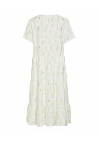 Robe blanche mi-genoux à manches courtes avec petites impressions florales multicolores, taille froncée et jupe à volants.
