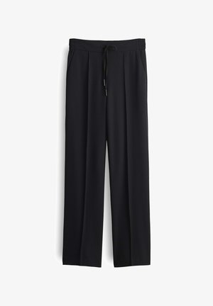 Schwarze, weit geschnittene Hosen mit verstellbarem Bund, zwei Seiten Taschen und glatter Textur, aus leichtem, atmungsaktivem Stoff.