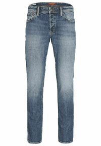 Pantalones vaqueros de mezclilla azul claro con un diseño de pierna recta, con un acabado descolorido, un diseño clásico de cinco bolsillos y una cremallera con cierre de botón.