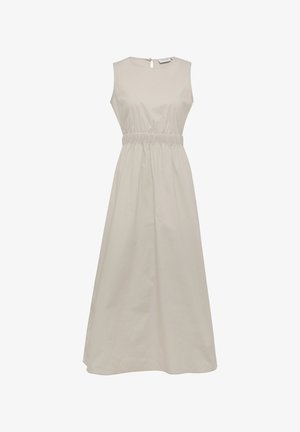 Sleeveless, light beige dress with a cinched waist, flowing skirt, and a keyhole back. Made from smooth, lightweight fabric.