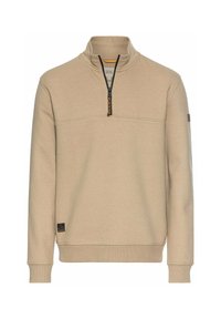 Beige pullover sweatshirt met een hoge kraag, halve rits en geribde manchetten. Heeft een klein logo-opdruk aan de zoom. Zachte stoftextuur.