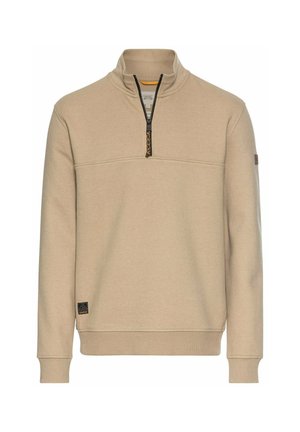 Beiger Pullover-Sweatshirt mit hohem Kragen, halber Reißverschluss und gerippten Bündchen. Verfügt über ein kleines Logopatch am Saum. Weicher Stoff.