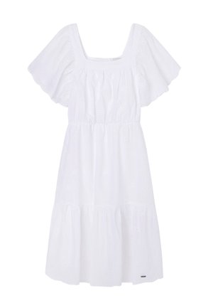 Vestido blanco de algodón con escote cuadrado, mangas cortas de volantes, corpiño fruncido, falda de varios niveles, detalles de bordado con ojales y logo sutil.