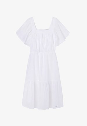 Biała bawełniana sukienka z kwadratowym dekoltem, krótkimi falbanowymi rękawkami, marszczoną górą, wielowarstwową spódnicą, zdobieniami z haftu ażurowego oraz subtelnym logo.