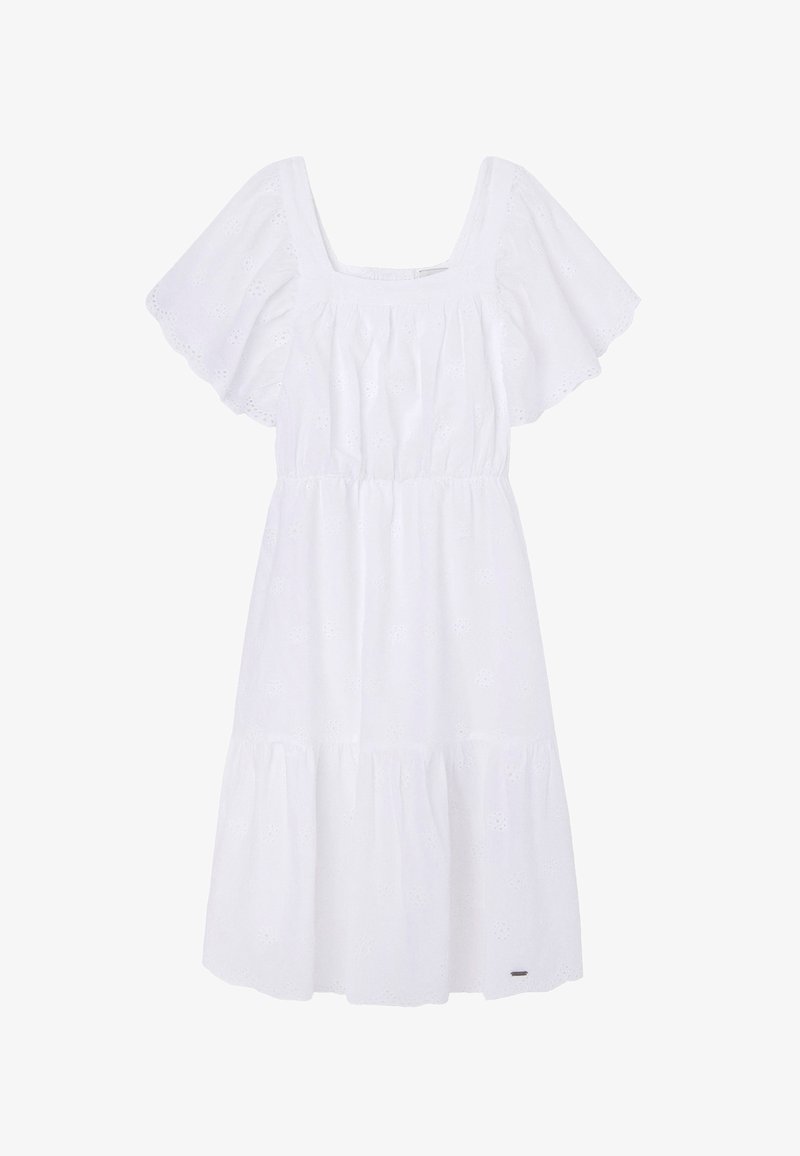 Robe en coton blanc avec un décolleté carré, des manches courtes à volants, un corsage froncé, une jupe à volants, des détails en broderie anglaise et un logo discret.
