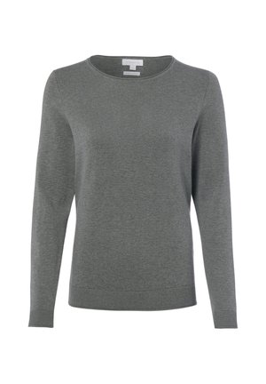 Grauer langärmliger Strickpullover mit Rundhalsausschnitt und gerippten Bündchen sowie Saum, auf weißem Hintergrund dargestellt.