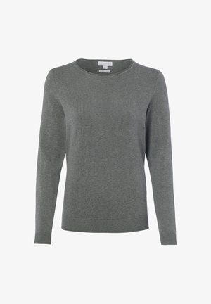 Pull en maille gris à manches longues avec col rond et poignets et bas côtelés, présenté sur fond blanc.