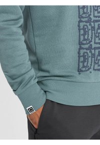 Sudadera azul verdosa claro con puños y dobladillo acanalados. Presenta un patrón gráfico texturizado en navy en la parte delantera y una etiqueta de logo en la manga.