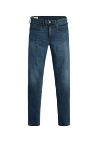 Jeans in denim blu scuro con vestibilità slim, caratterizzati da un classico design a cinque tasche, chiusura con cerniera e un leggero effetto scolorito sul tessuto.
