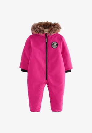 Roosa isoleeritud talveülikond kunstkarvaga kapuutsiga, ees lukk, elastsed varrukaotsad ja rinnal logomärk. Sile kangapind.