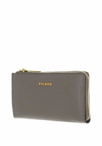 Portefeuille zippé gris avec une texture striée, mis en valeur par un logo doré "PICARD" à l'avant. Matériau durable, design compact.