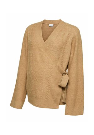 MAMALICIOUS, KNITTED TOP REGULAR FIT V-NECK RIBBED CUFFS WIDE SLEEVES KNIT TOP - Gilet - tan