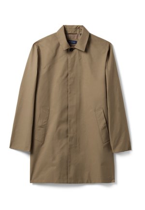 Trench-coat beige pour homme à simple boutonnage avec col pointu, deux poches avant inclinées et patte de boutonnage dissimulée.